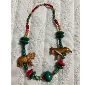 Vtg wooden animal dopamine beaded lion‎ elephant boho chunky statement necklace